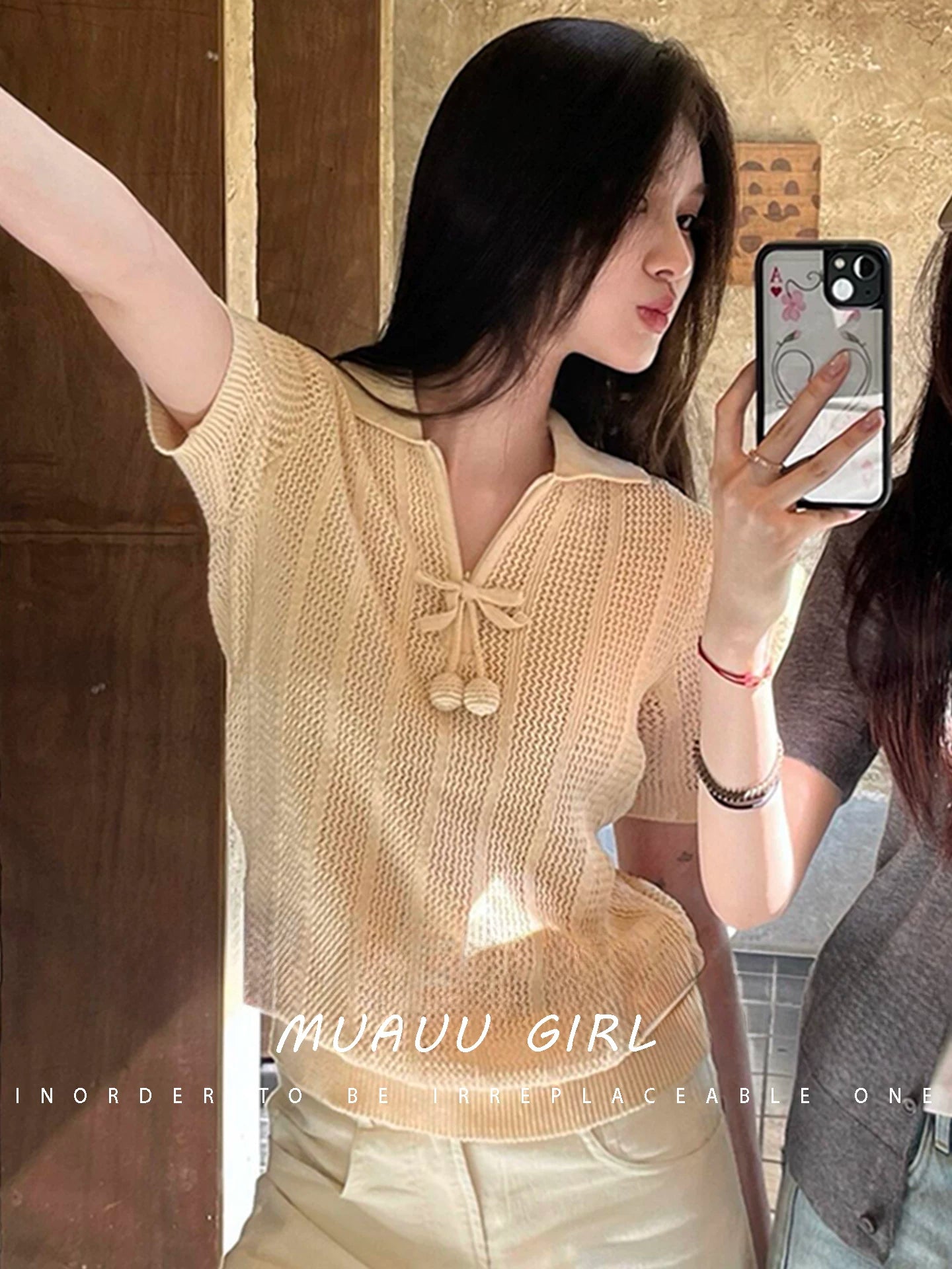 Spring and summer 26ss MUAUU GIRL dating in June! 26SS Cherry decorative neckline lapel short-sleeved knitted sweater T-shirt top women