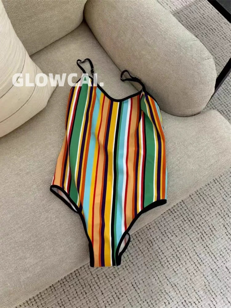 Spring and summer 26ss June 26M beach series resort wind stripe color letter print bow one-piece/two-piece swimsuit bikini