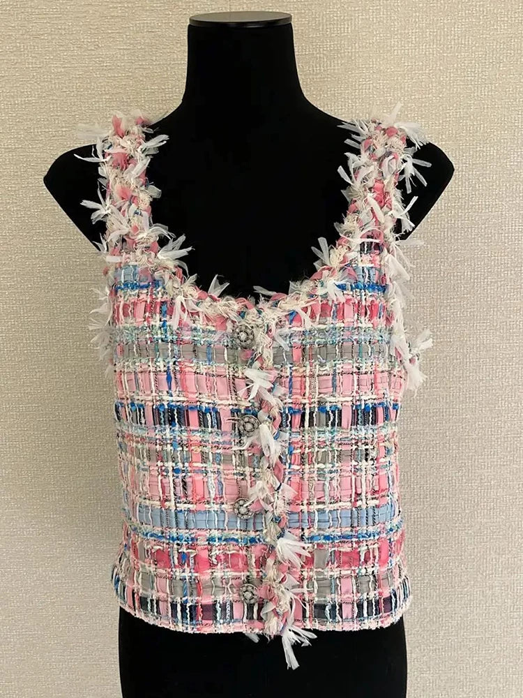 Spring and summer new suit vest vest culottes color woven wool tweed celebrity foreign style two-piece set