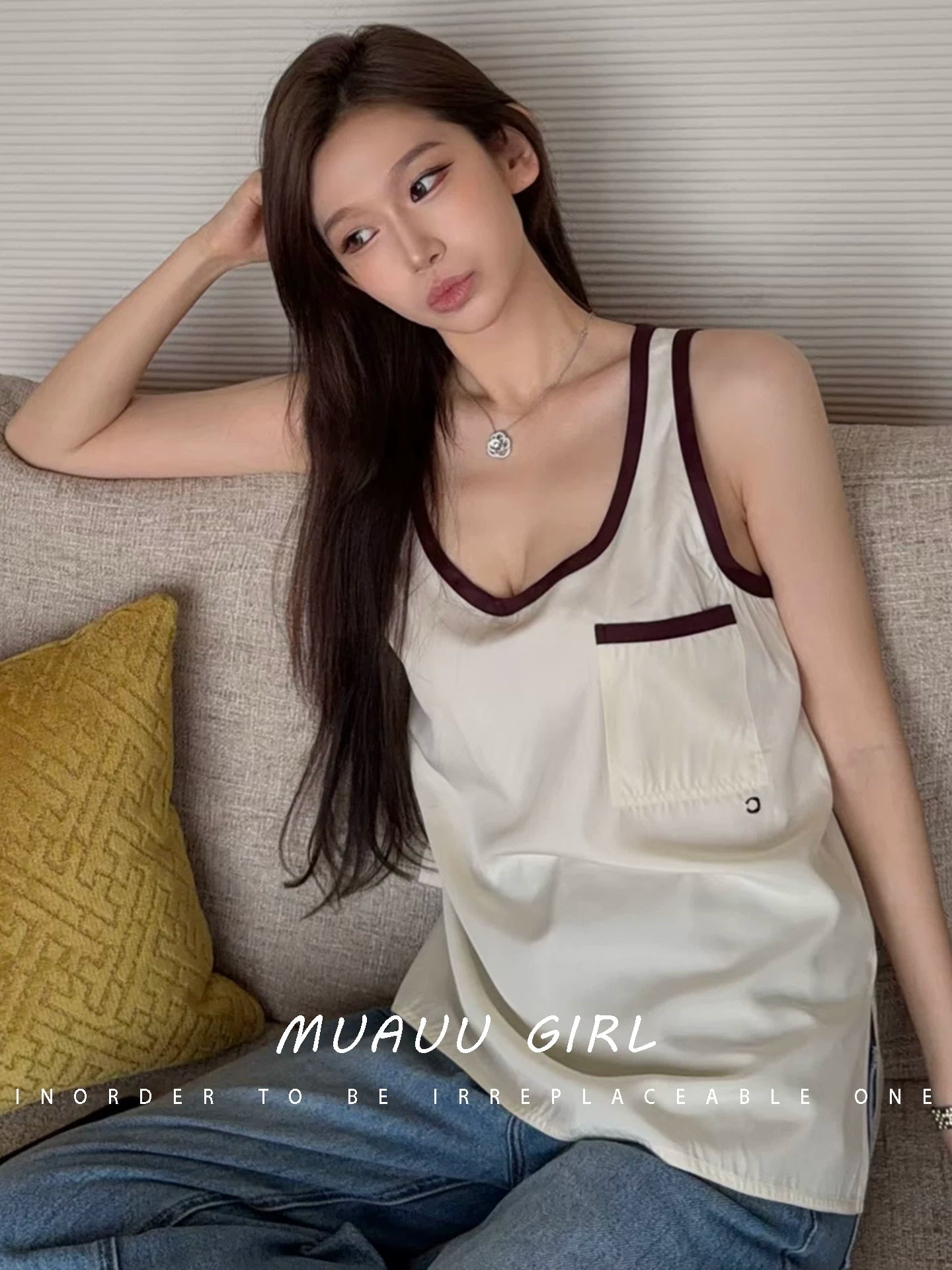 Spring and summer 26ss June MUAUU GIRL Senior Sister Gao Zhi! 26SS commuter style retro contrasting color lapel pocket long-sleeved shirt/vest