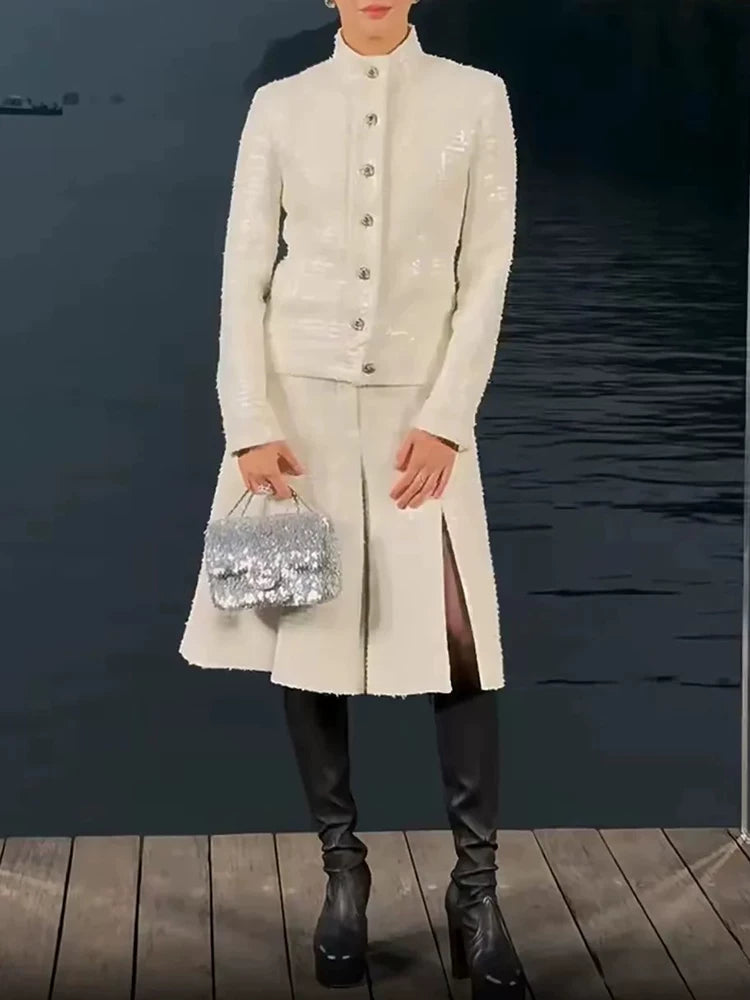 New jacket stand-up collar sequined thin split trousers fried street Internet celebrity fashionable foreign fashion suit women