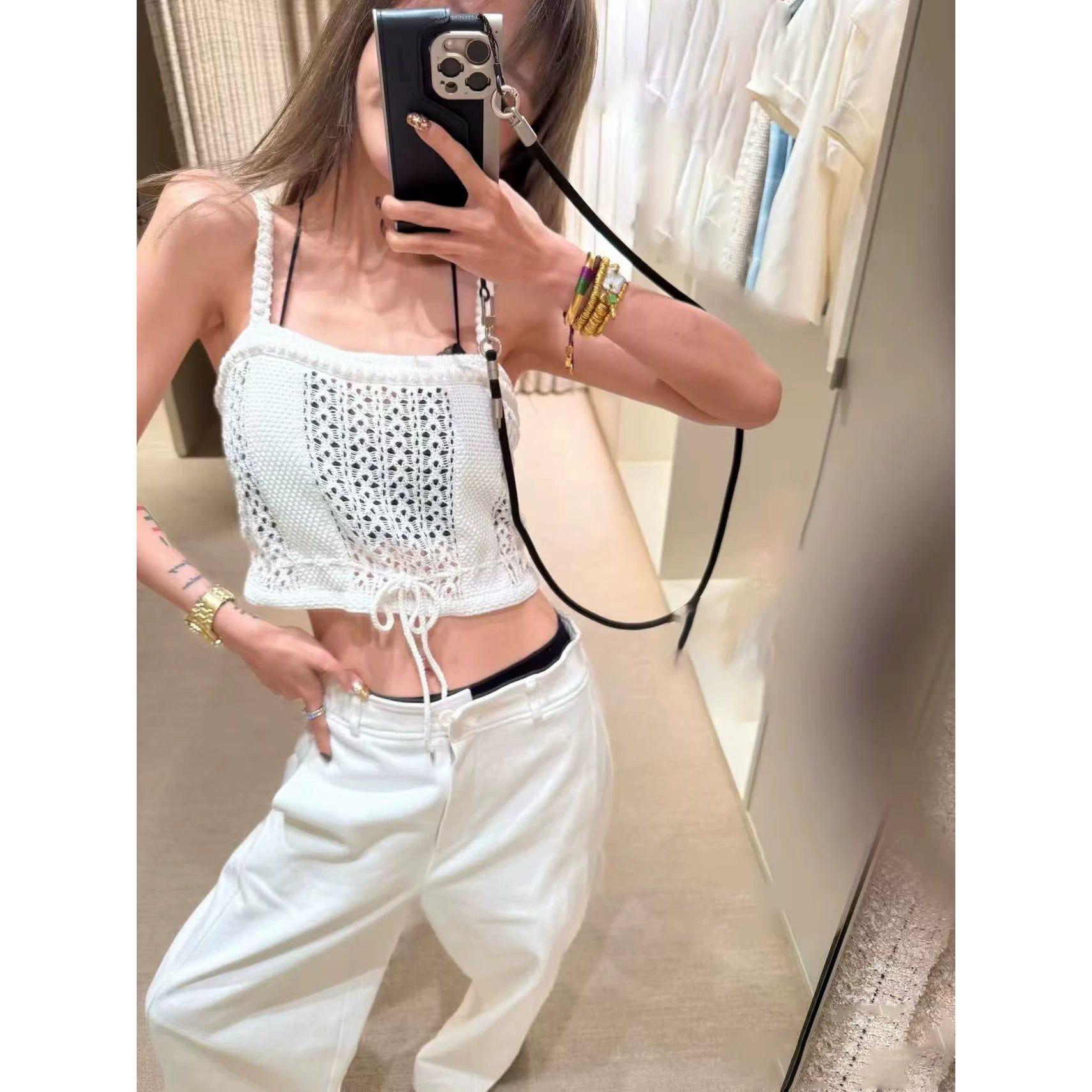 2026 early spring design sense high temperament white crochet woven hollow drawstring sleeveless sling vest top women
