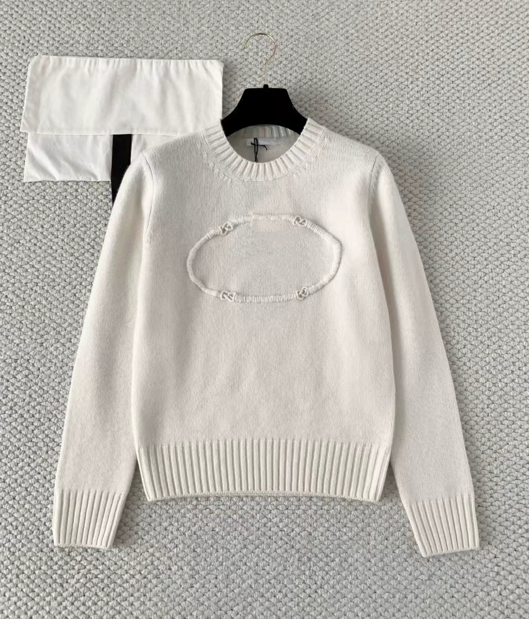 2025 Autumn/Winter Classic Premium White Letter Embroidered Jacquard Crew Neck Soft Cashmere Knitted Pullover Long Sleeve Top