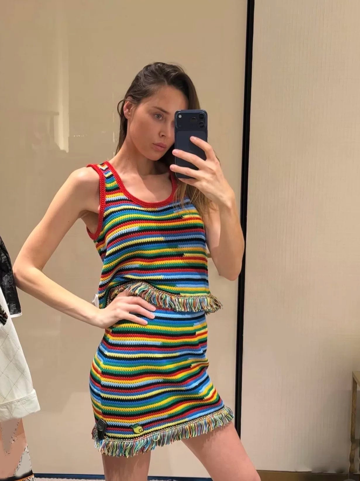 Spring and summer 26ss June, Nanyou 2026 spring and summer new color striped unique fringed versatile fashion knitted vest suspender + skirt