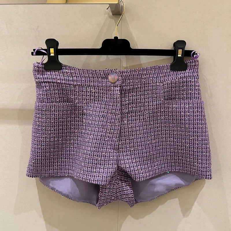 New vest shorts skirt set haute couture wool tweed premium sequins purple temperament women's clothing
