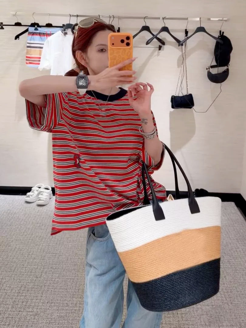 Spring and summer 26ss June, Nanyou 2026 spring and summer new hippocampus embroidery pocket design loose round neck casual soft T-shirt short-sleeved top