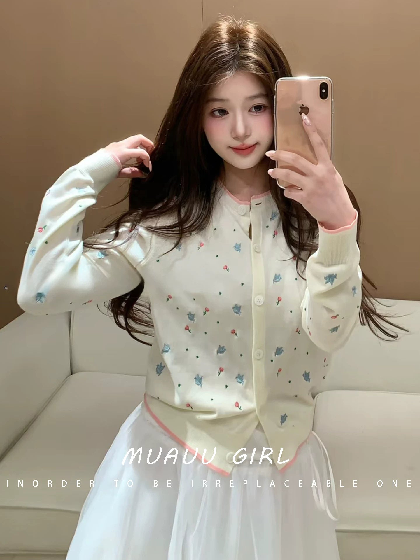 Spring and summer 26ss June MUAUU GIRL soft cute girl! 26SS Heavy Industry letter small floral embroidery long-sleeved knitted cardigan top