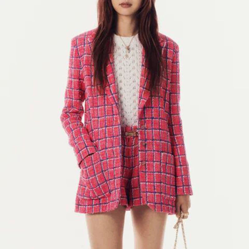 Spring new blazer shorts, pink plaid tweed top, pants, high-end celebrity temperament
