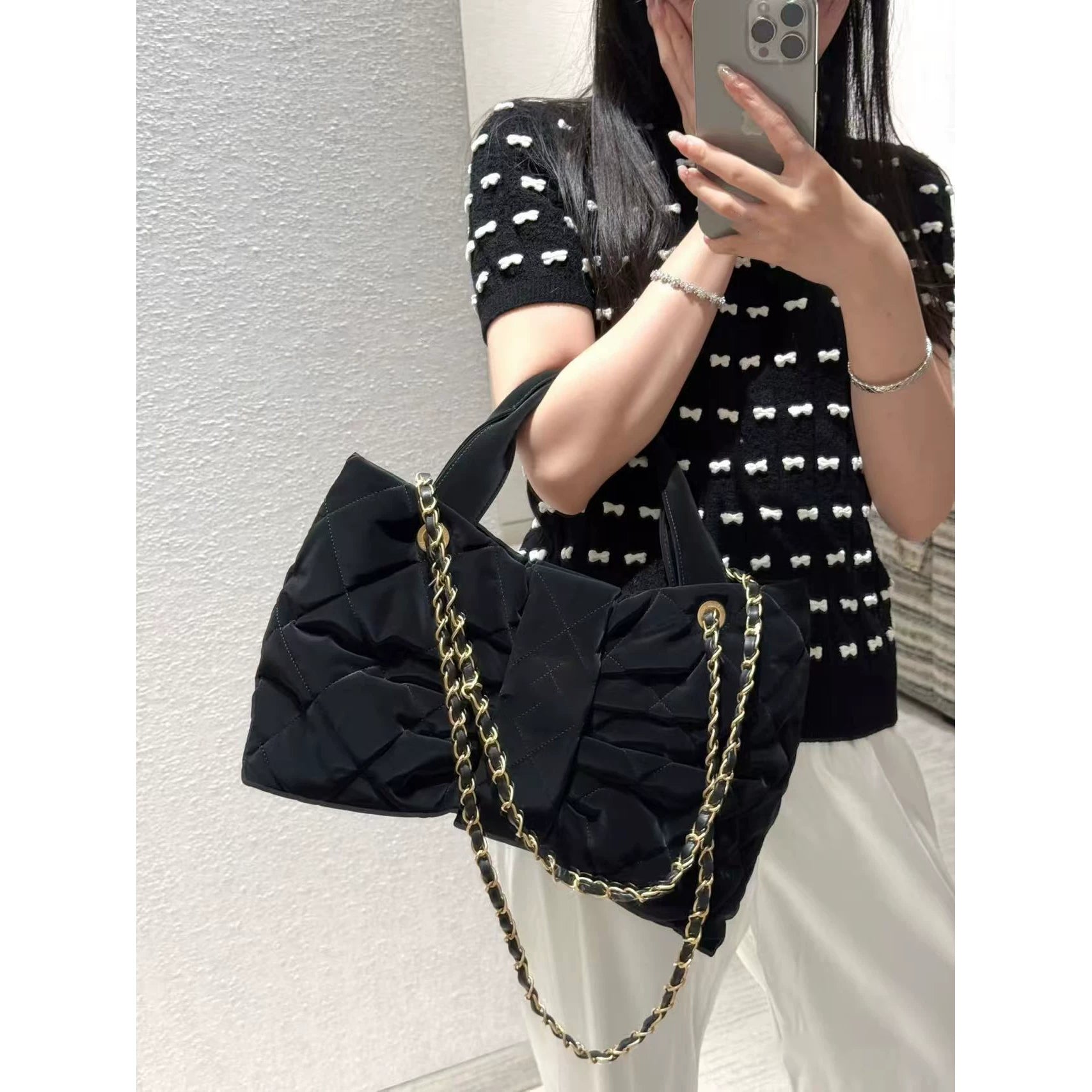 2025 early autumn models heavy industry design bow fashion slim slim slim round neck cashmere T-shirt short sleeve top women