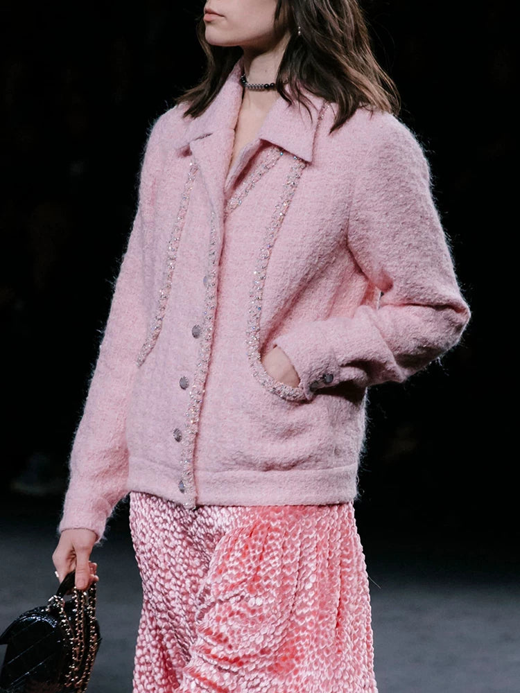 Celebrity wool tweed pink tweed coat women's suit collar high-end jacket top women's clothing autumn and winter