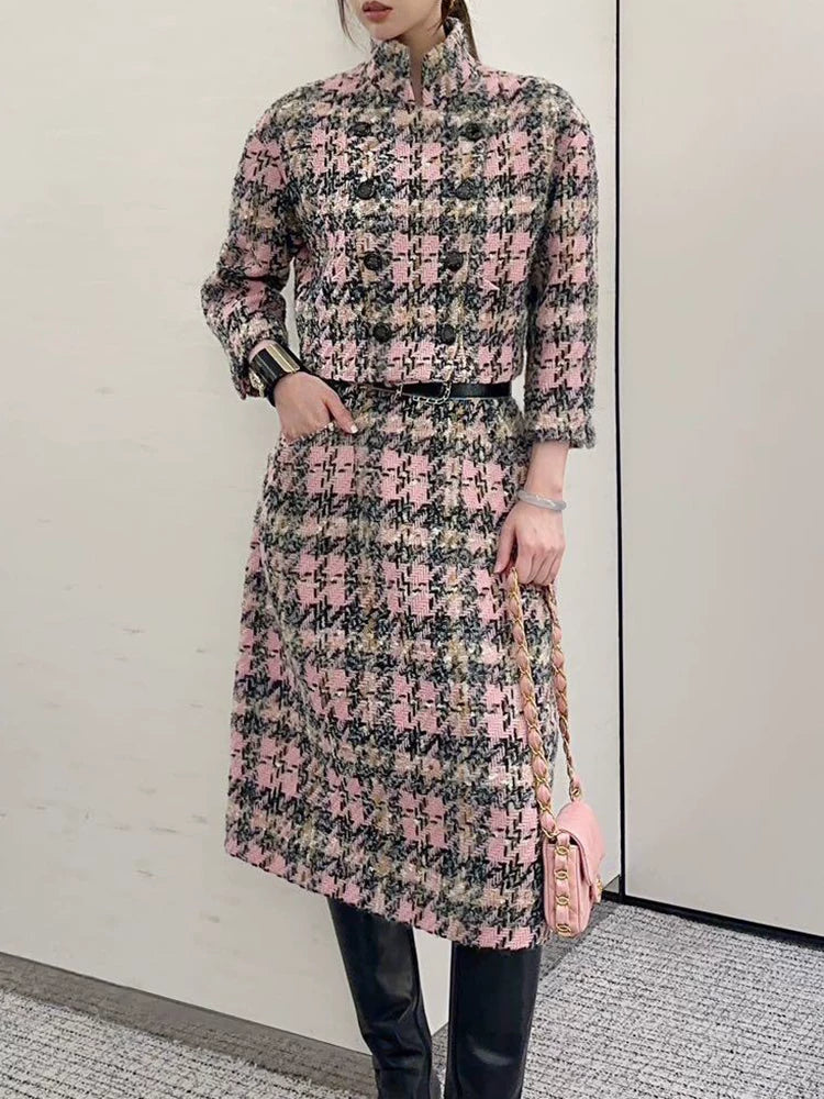 Autumn and winter new jackets, women's stand-up collar skirts, wool knitted tweed pink plaid suits, celebrity women's clothing