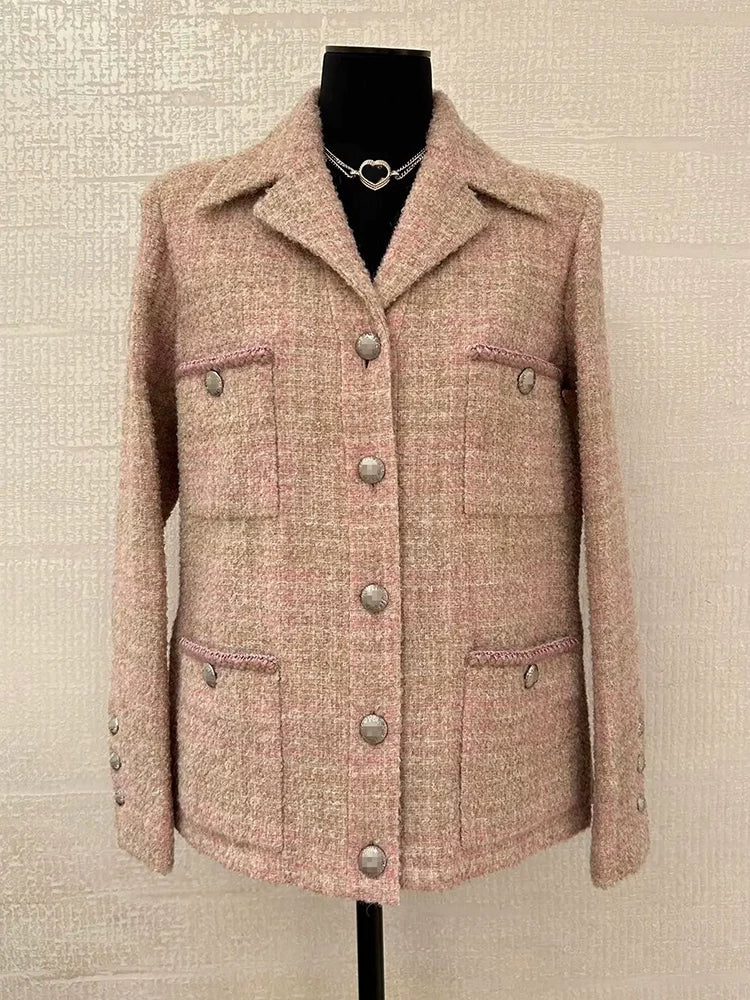 Autumn and winter haute couture coat women's light pink dark compartment four pockets tweed jacket skirt socialite temperament suit