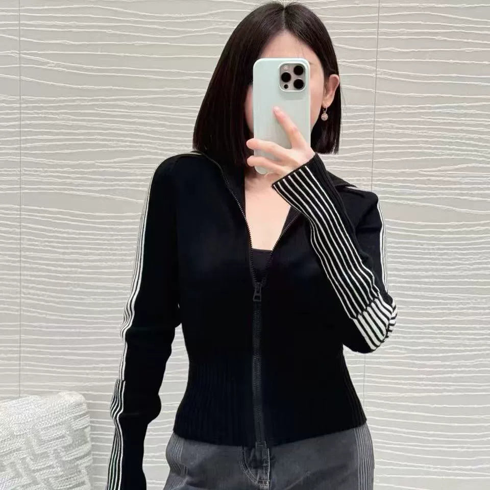 2025 autumn and winter letter five-pointed star letter jacquard half-open neck slim-fitting thin cashmere zipper knitted cardigan top