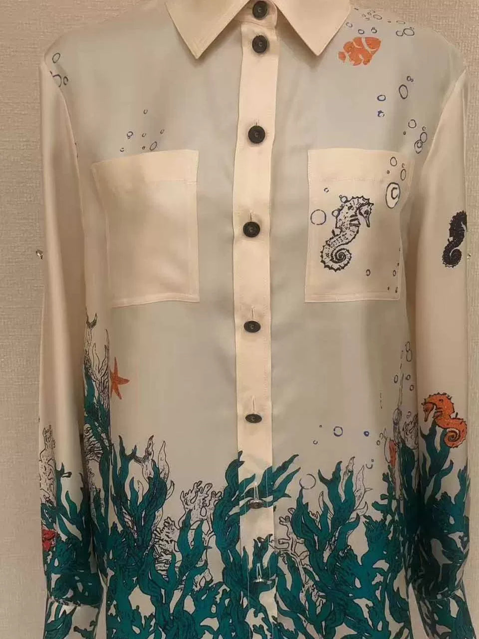 Spring and summer 26ss June, Nanyou 26 summer new underwater world print versatile and thin turned loose collar shirt top + A-shaped skirt