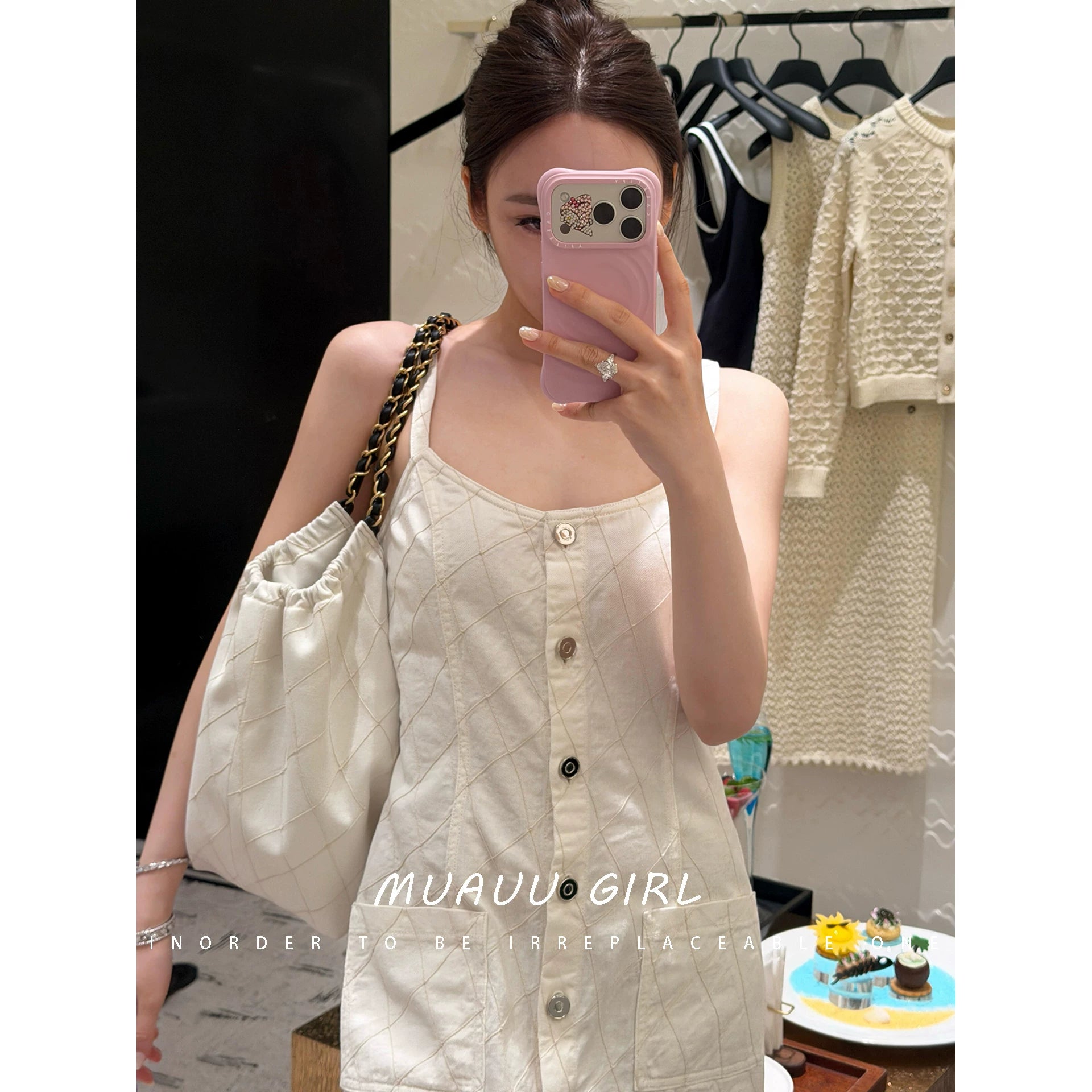 Spring/summer 26ss June MUAUU GIRL vacation collection! 26SS rhombus denim jacket/trousers/shorts/dress