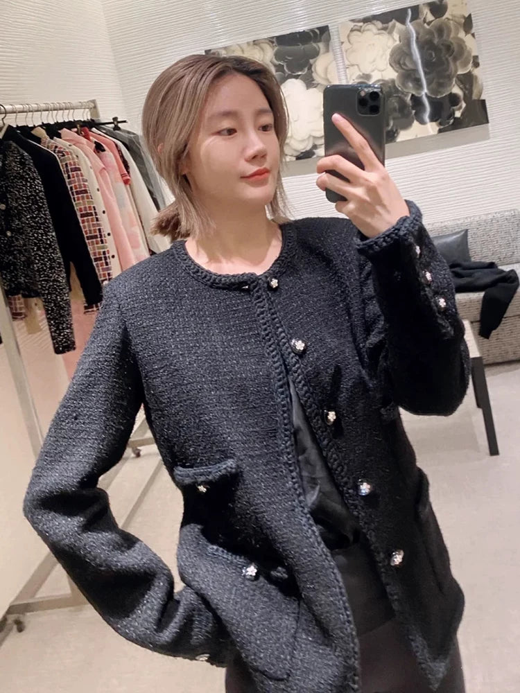 Autumn and winter new coat women's crew neck long sleeve four pockets wool blend classic black tweed top
