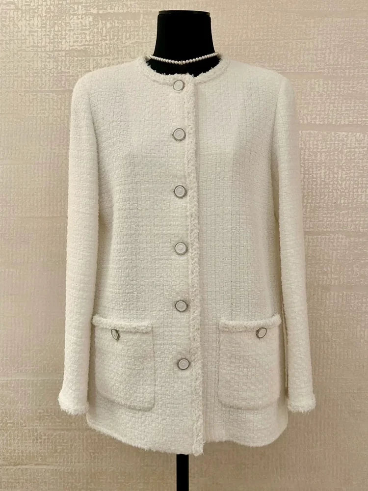 25 Early spring new coat women's medium and long wool tweed celebrity temperament versatile top high-end women's clothing