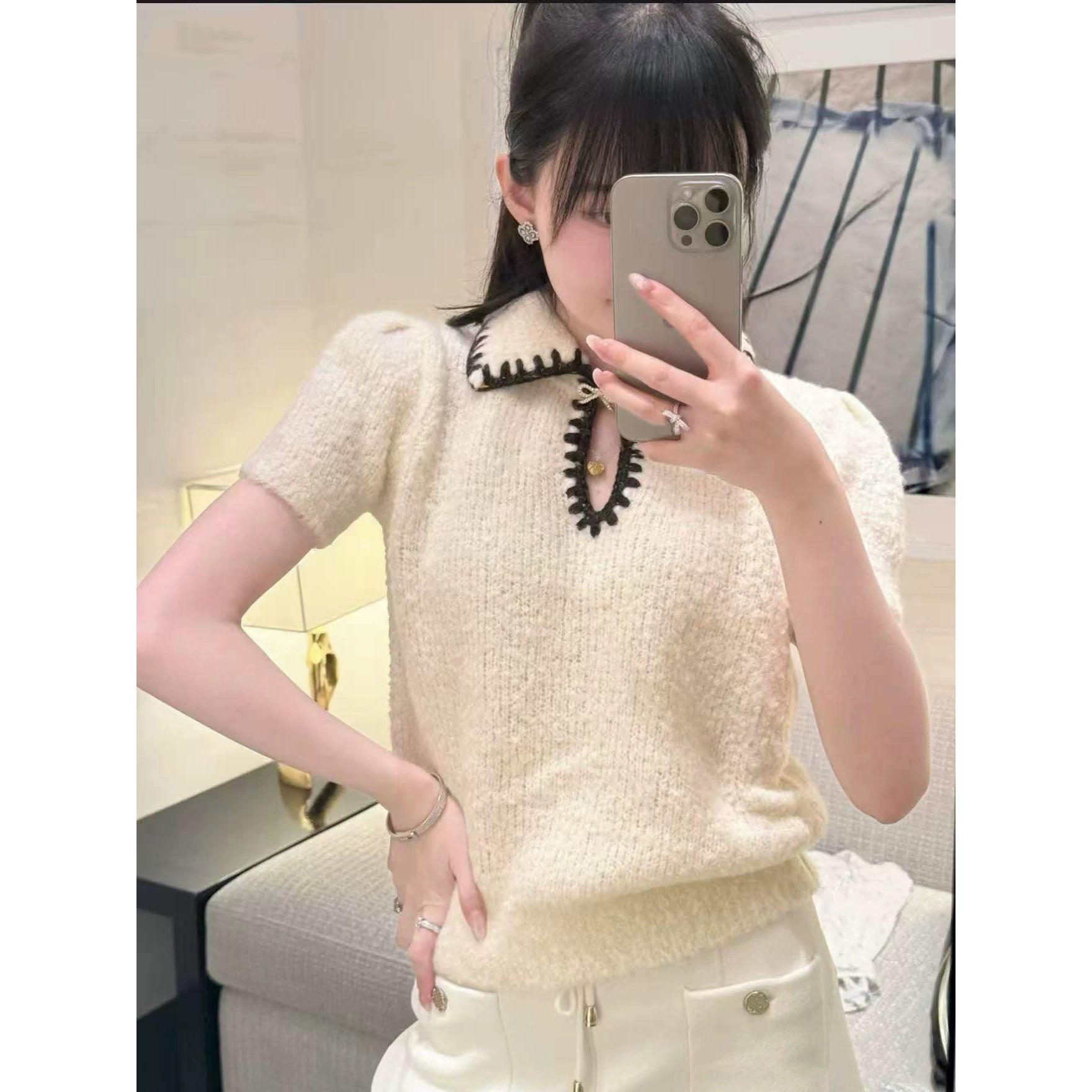 2025 autumn and winter foreign style fashionable skiing bow girlish knitted short-sleeved cardigan + high waist skirt women's suit