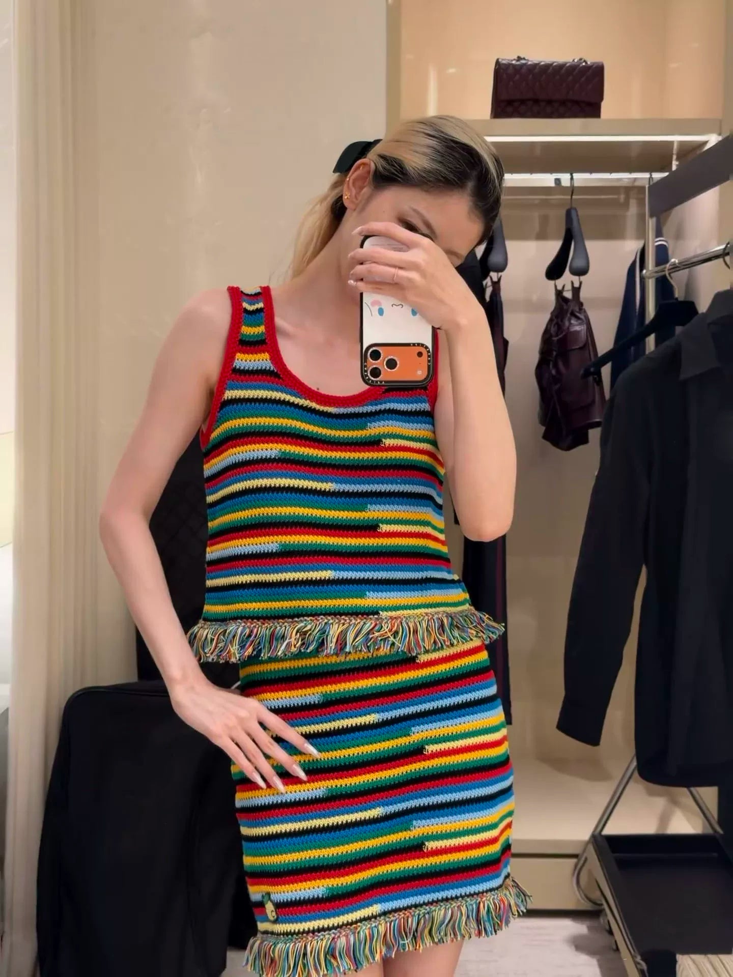 Spring and summer 26ss June, Nanyou 2026 spring and summer new color striped unique fringed versatile fashion knitted vest suspender + skirt