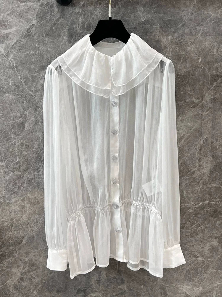 Silk shirt women's loose double-layer lotus leaf collar sexy perspective waist mulberry silk long-sleeved shirt sun protection