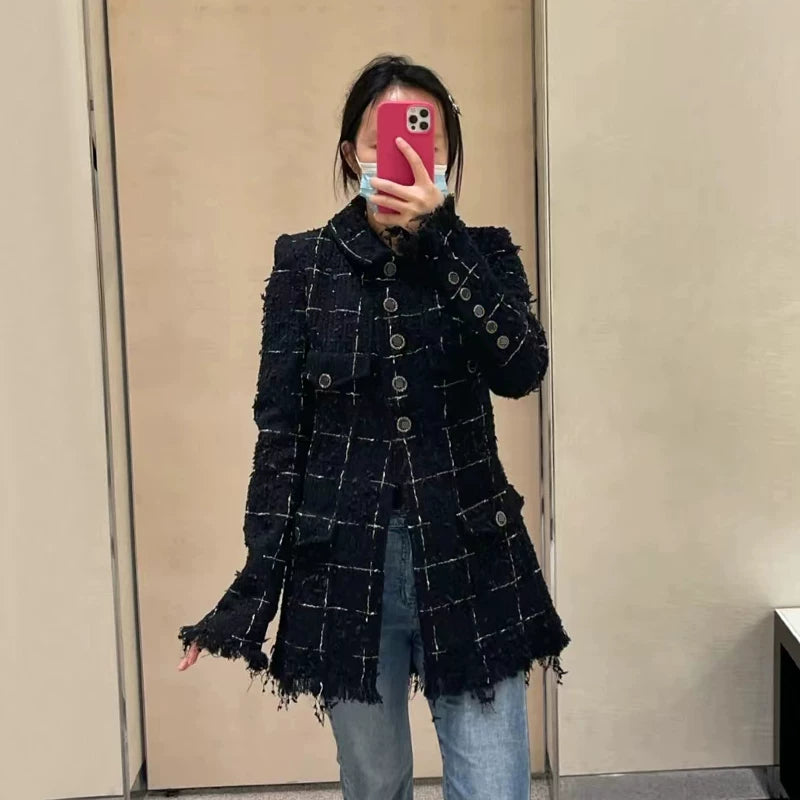 Tassel Xiaoxiang Jacket Women's 2025 Spring and Autumn New Black High-end Plaid Weaving Medium and Long Tweed Top