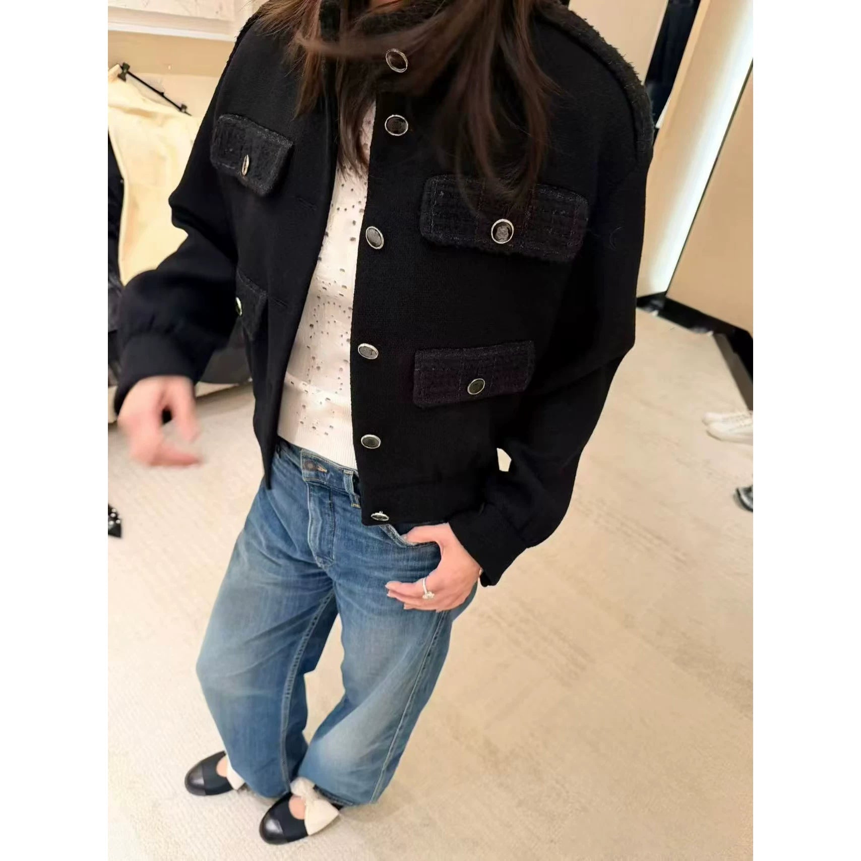 2026 early spring contrasting colors heavy industry classic high-end tweed splicing stand-up collar four pockets black jacket short coat