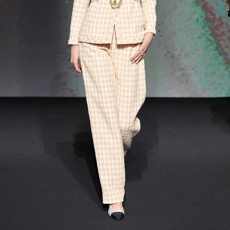 New plaid jacket straight-leg pants celebrity style high-end wool tweed suit two-piece set
