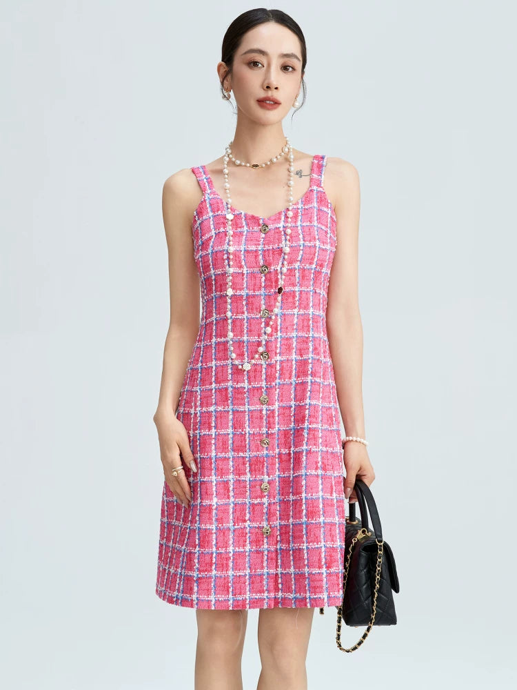 Pink and blue plaid tweed suspender dress women's single-breasted celebrity temperament V-neck slim-fitting A-word mid-skirt