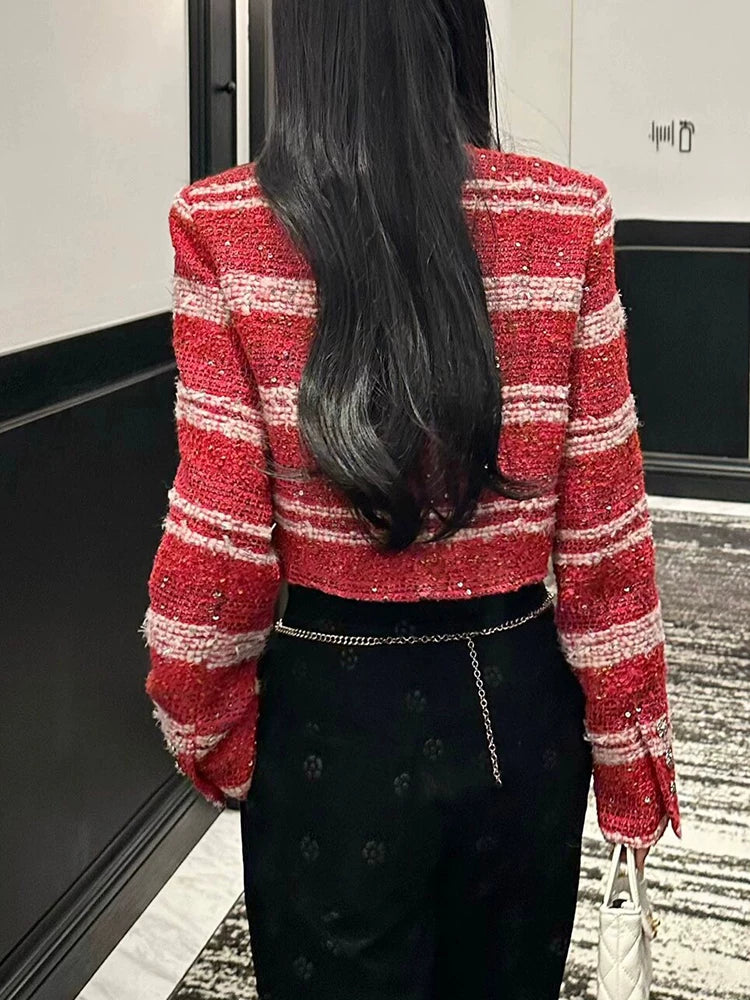 Celebrity temperament sequined striped jacket women's crew neck short top high-end wool tweed women's clothing