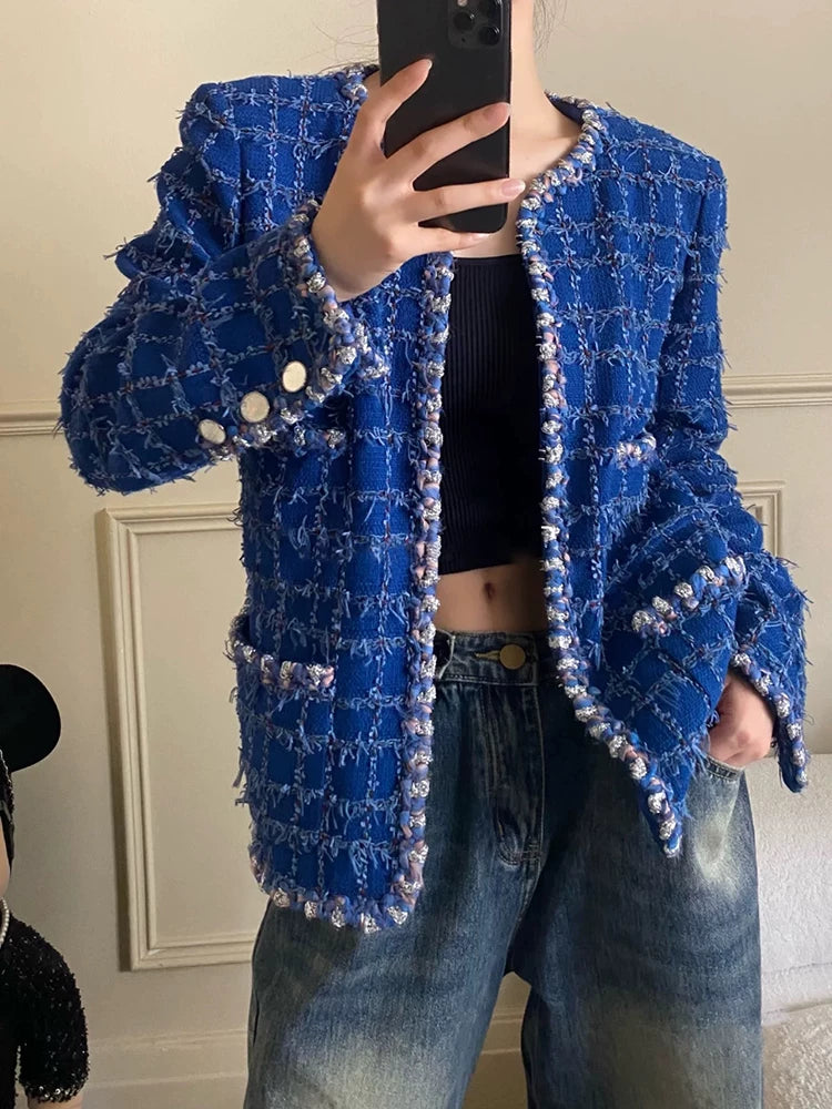 Star Wang Yibo same coat women's blue plaid tweed haute couture celebrity temperament couple top