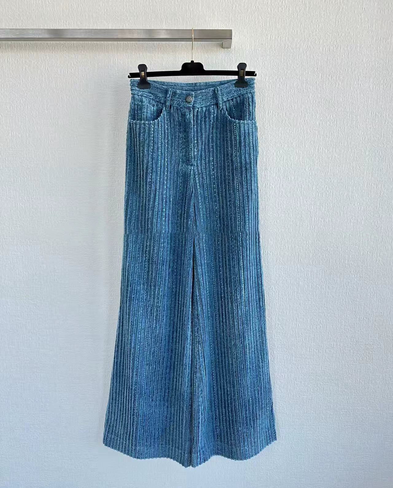 2025 autumn and winter high-end retro blue shiny corduroy wide-leg pants long pants high waist legs long floor pants women