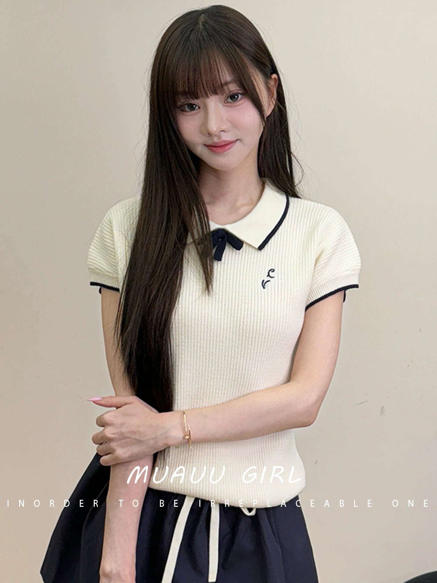Spring/Summer 26ss June MUAUU GIRL Milk Salt Girl! 26SS College Wind Bow Letter Embroidered Knitted Sweater T-Shirt Top Women