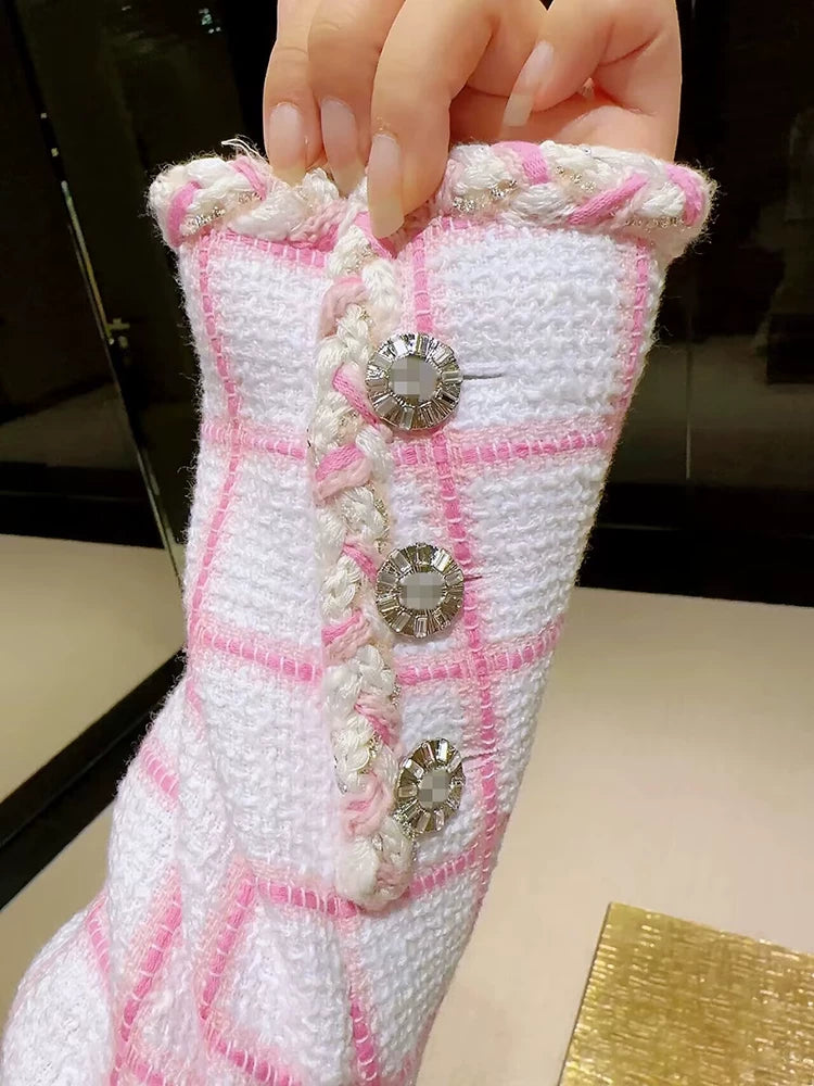 Chic celebrity coat women, high-end short pink plaid cardigan crew neck top temperament women's clothing