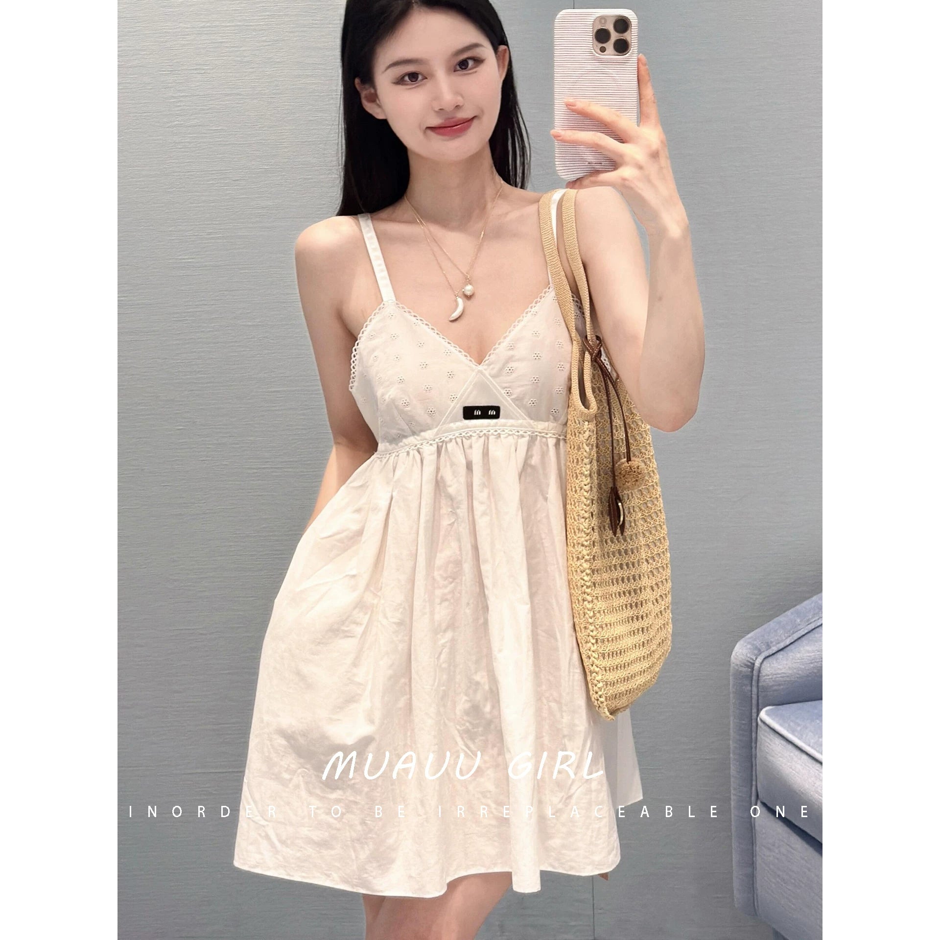 Spring and summer 26ss June MUAUU GIRL film fairy! 26SS girly poplin crochet hollow embroidery suspender dress woman