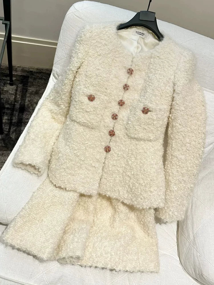 Autumn and winter wool jacket, women's skirt, celebrity temperament, tweed top, French light luxury haute couture suit
