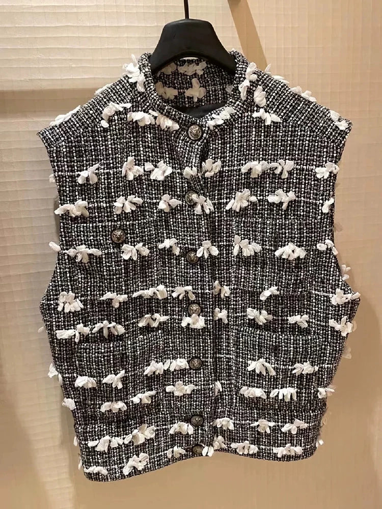 Spring and summer new vest women's high-end wool woven three-dimensional flower tweed stand-up collar sleeveless coat