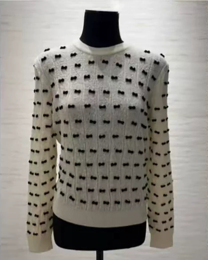 2025 early autumn models heavy industry design bow fashion slim slim slim round neck cashmere T-shirt short sleeve top women