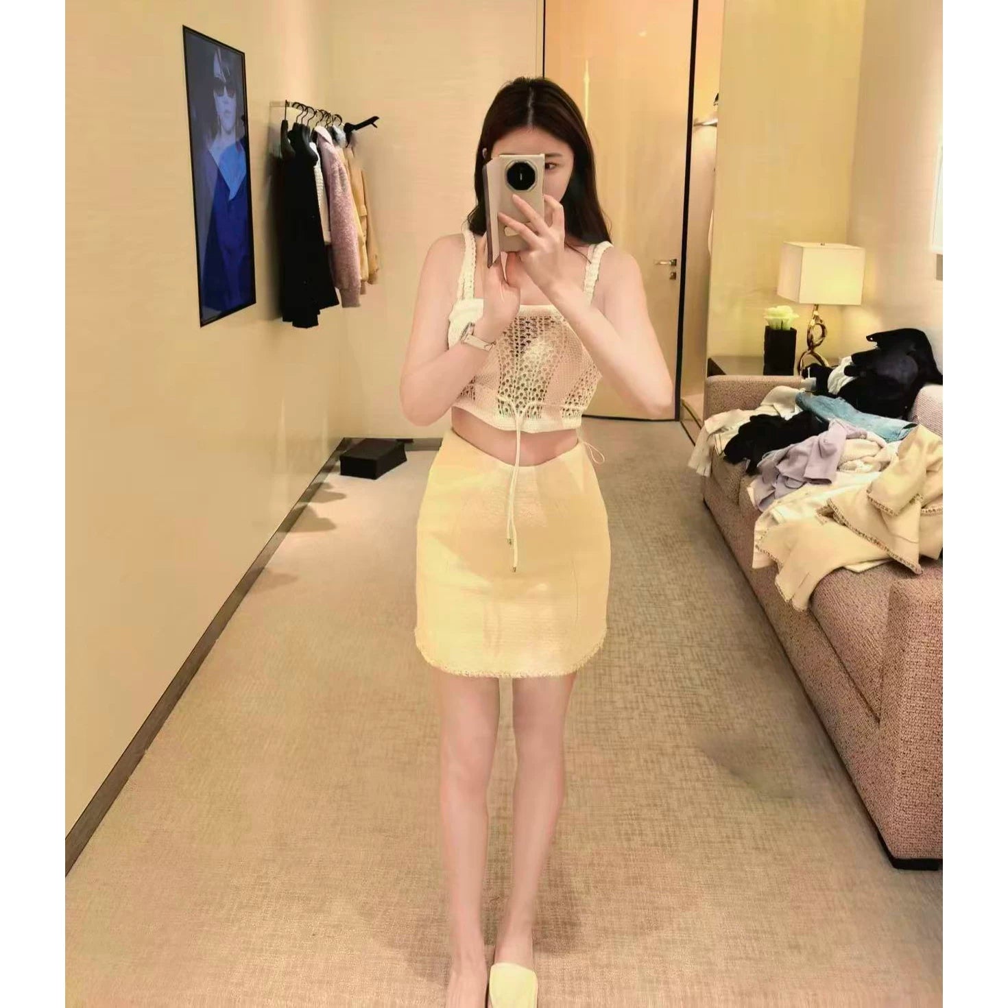 2026 early spring design sense high temperament white crochet woven hollow drawstring sleeveless sling vest top women