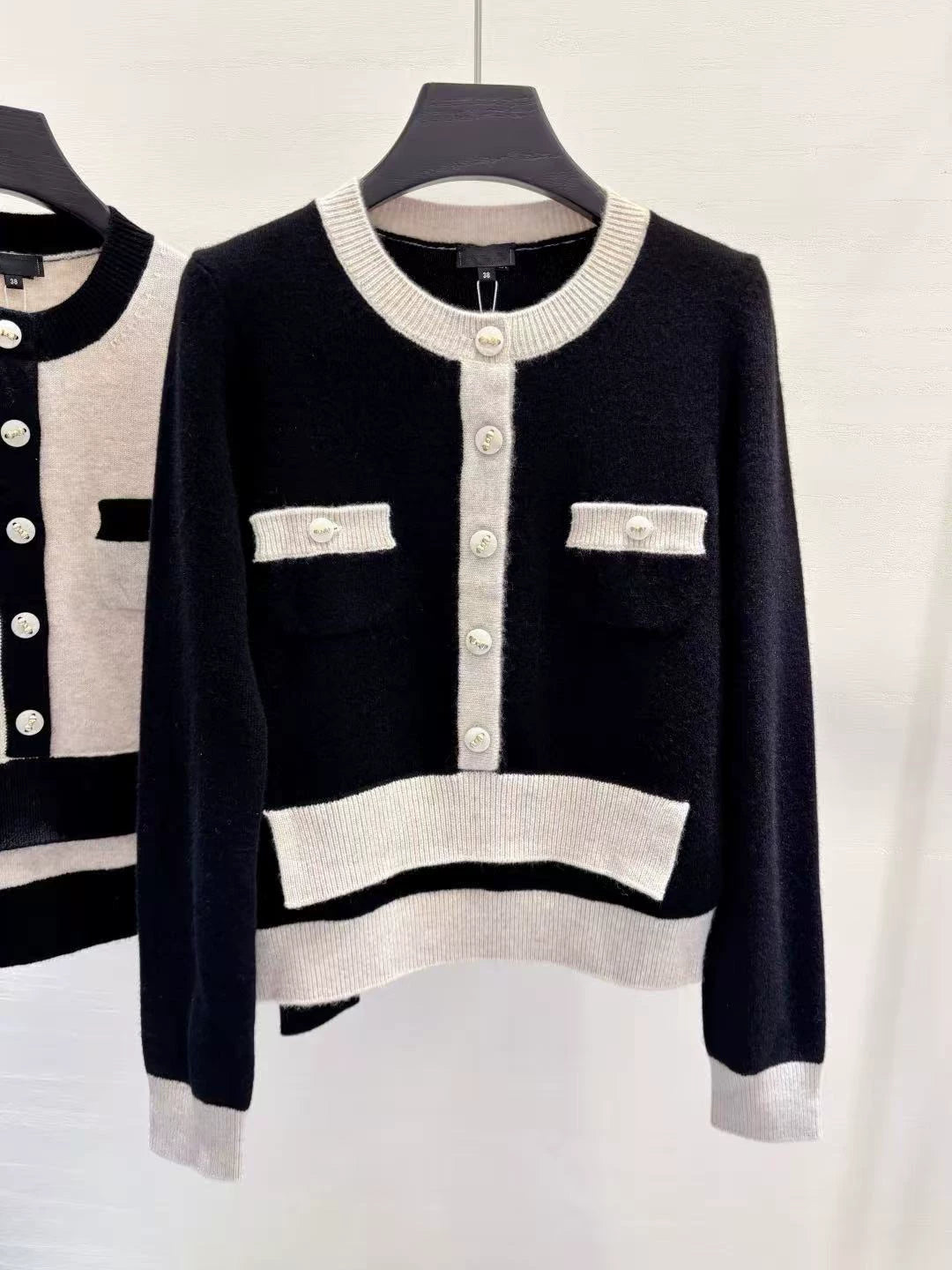 2025 letter bow buckle round neck long-sleeved fake two-piece knitted sweater + skirt + elastic waist pants two-piece set