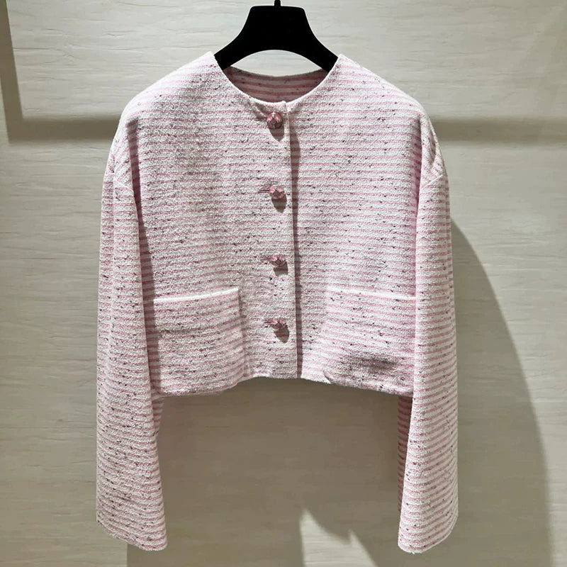 Suit: Women's fashion cropped coat, socialite, sweet light pink striped skirt, versatile thin two-piece set