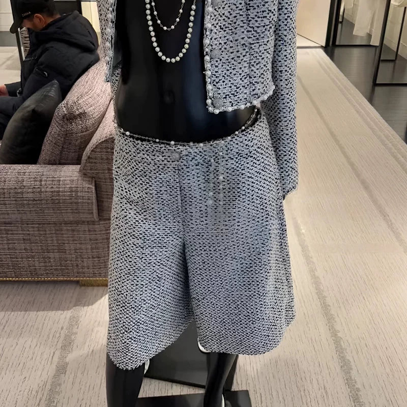 New Celebrity Suit Short Jacket Medium Pants Women's Sequin Woven Tweed Temperament Versatile Two-piece Set