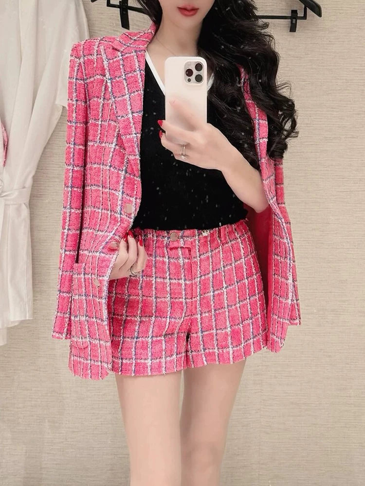 Spring new blazer shorts, pink plaid tweed top, pants, high-end celebrity temperament