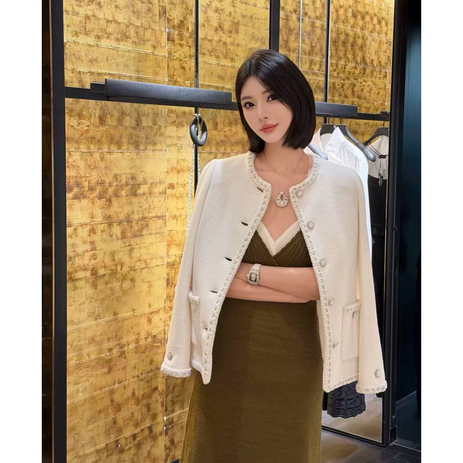 2026 early spring contrasting colors French high-end heavy industry tweed weaving bundled edge celebrity temperament single-breasted jacket jacket