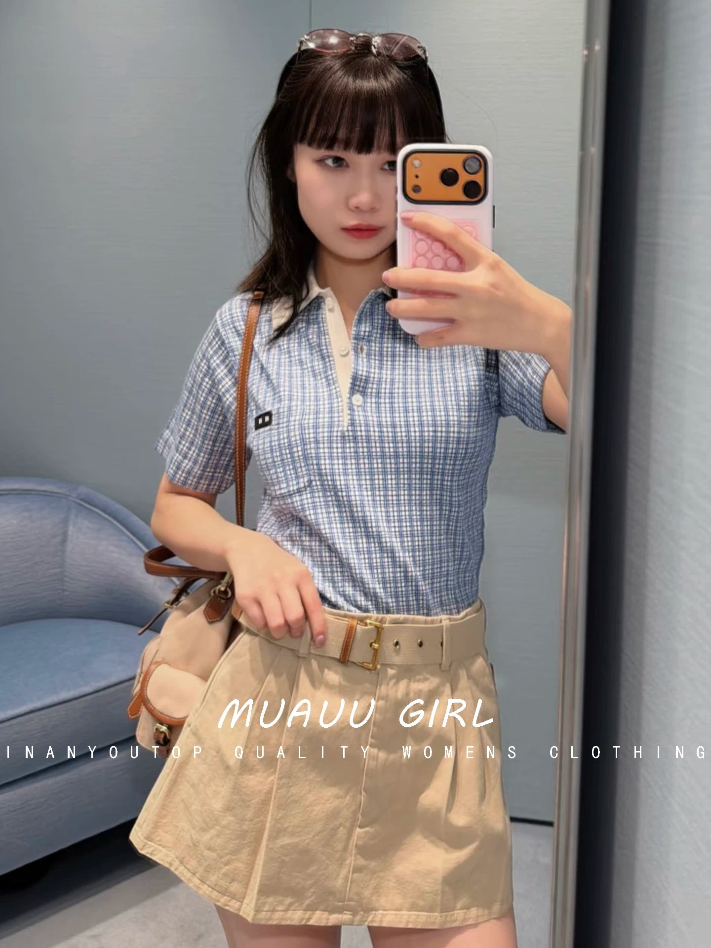 Spring/Summer 26ss June MUAUU GIRL Sweet Summer! 26SS College Style Letter Logo Polo Short Sleeve Knitwear T-Shirt Top