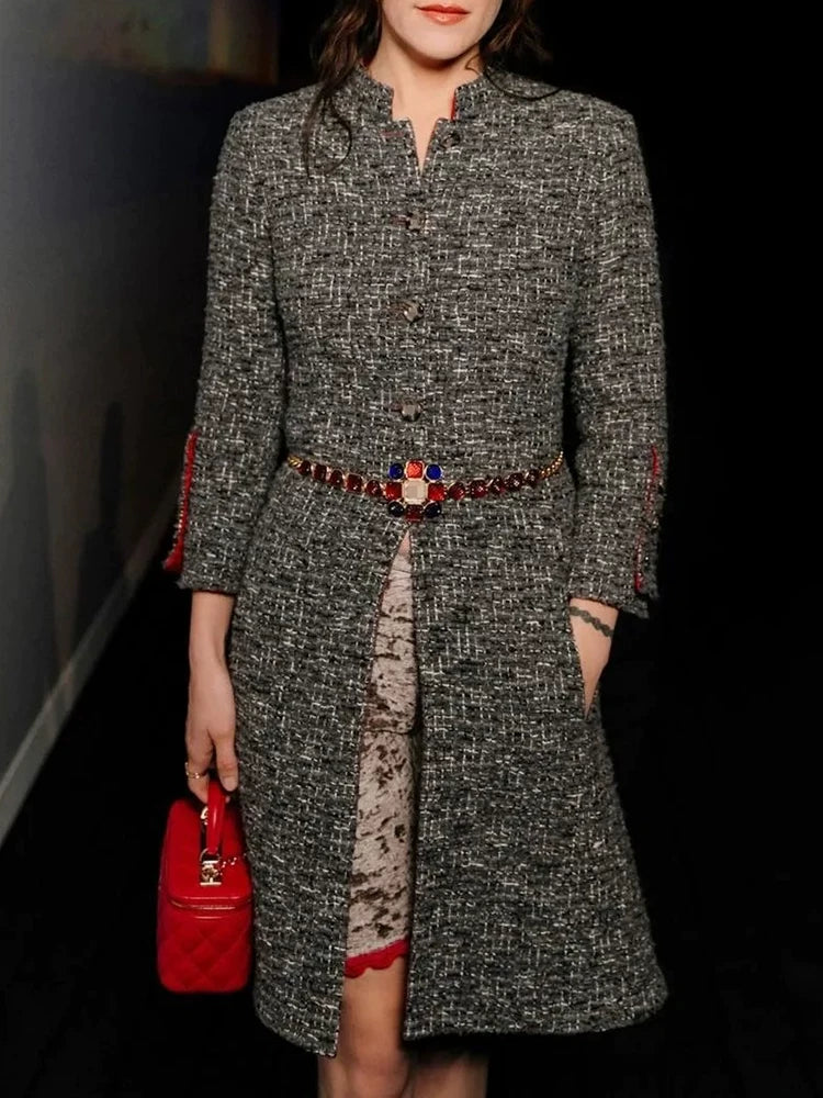 Jacket women's autumn and winter new stand-up collar temperament nine-quarter sleeve gray wool tweed haute couture coat