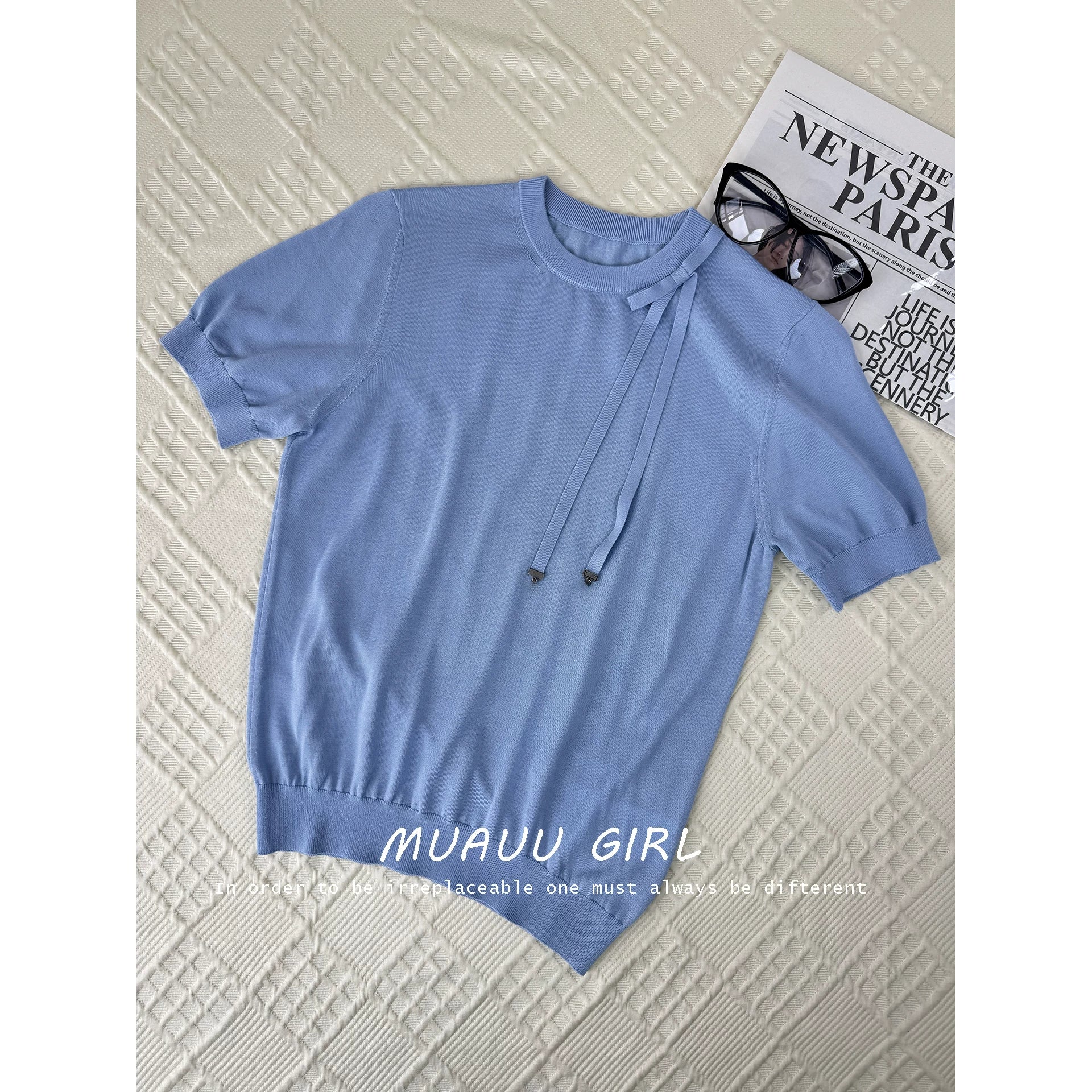 Spring and summer 26ss June MUAUU GIRL skin-friendly and breathable 26SS summer mulberry silk thin fresh bow silk ribbon top