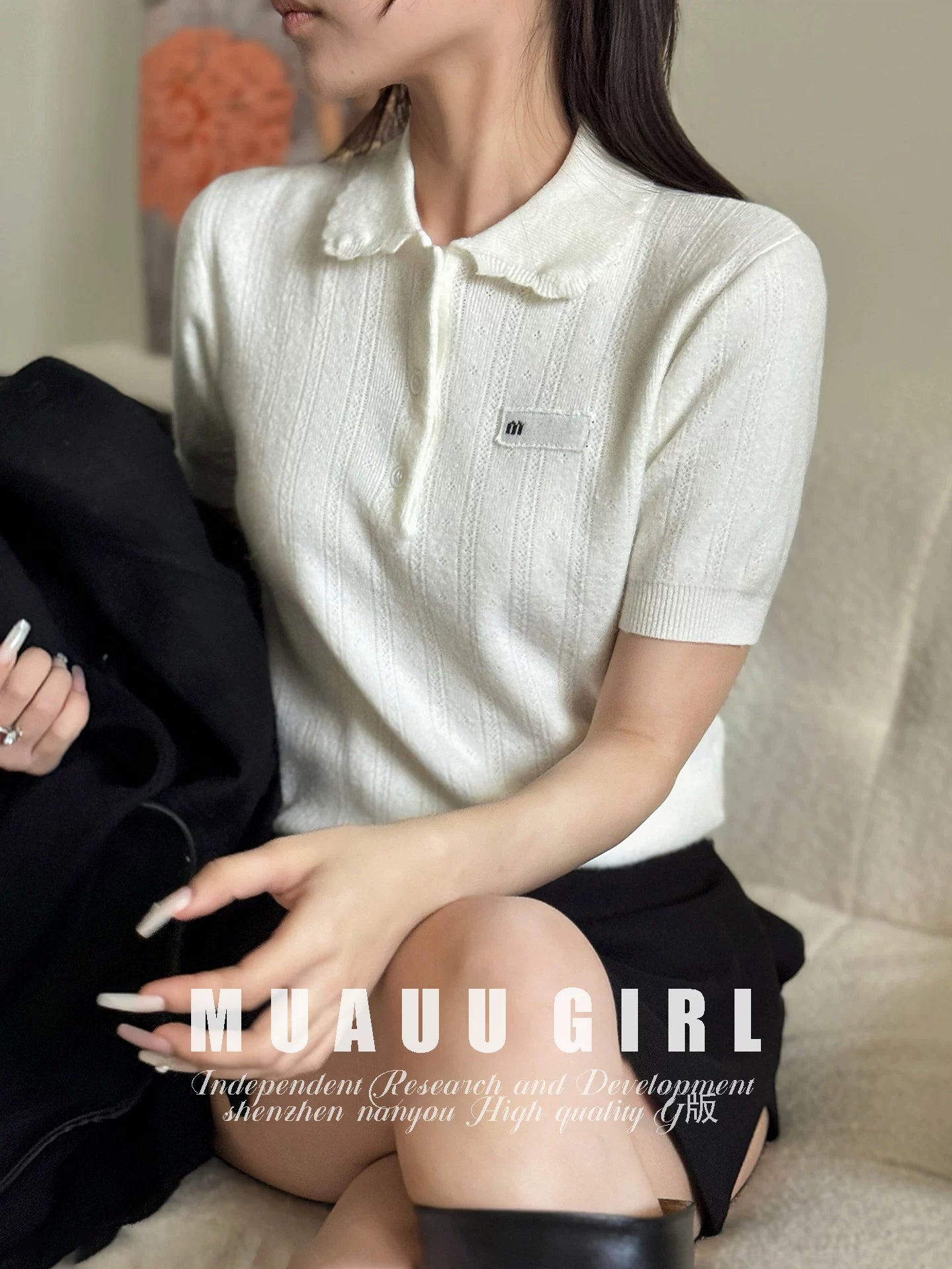 Spring/Summer 26ss June MUAUU GIRL 1-12 "Top Matching Edition~ Gentle White Moonlight" 26s White Doll Collar Short Sleeve Knitted Sweater Women