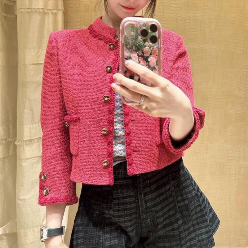 25 coats, women's stand-up collar, short skirts, vest sets, wool tweed, rose red, celebrity temperament women's clothing
