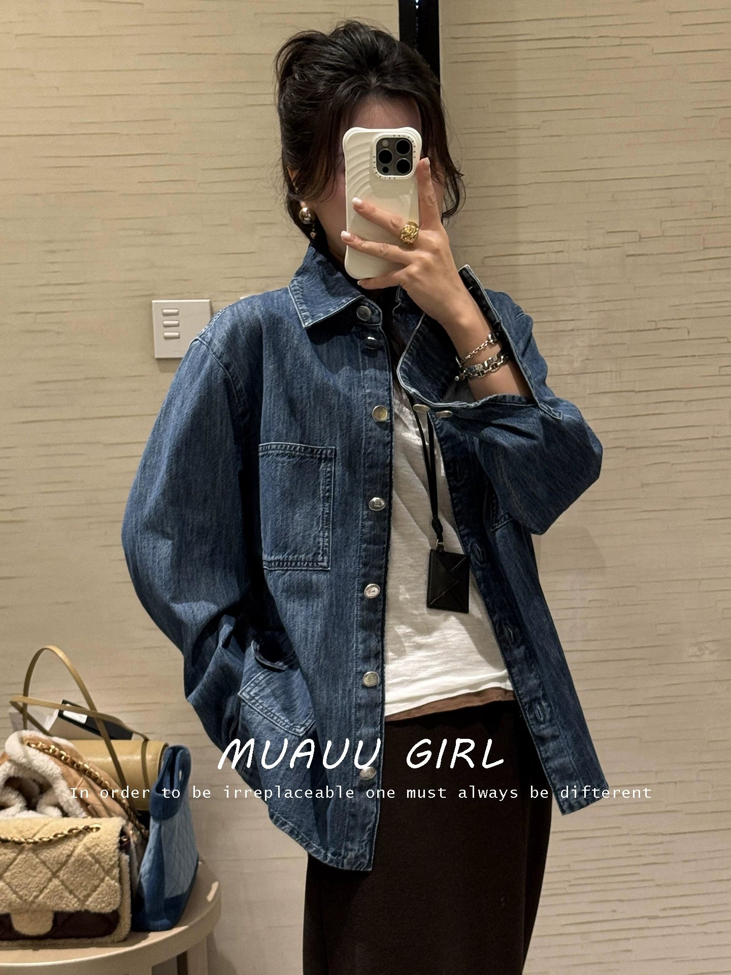 Spring and summer 26ss June MUAUU GIRL 3.25/star with the same 26S heavy original beef washed summer tooling shirt denim jacket