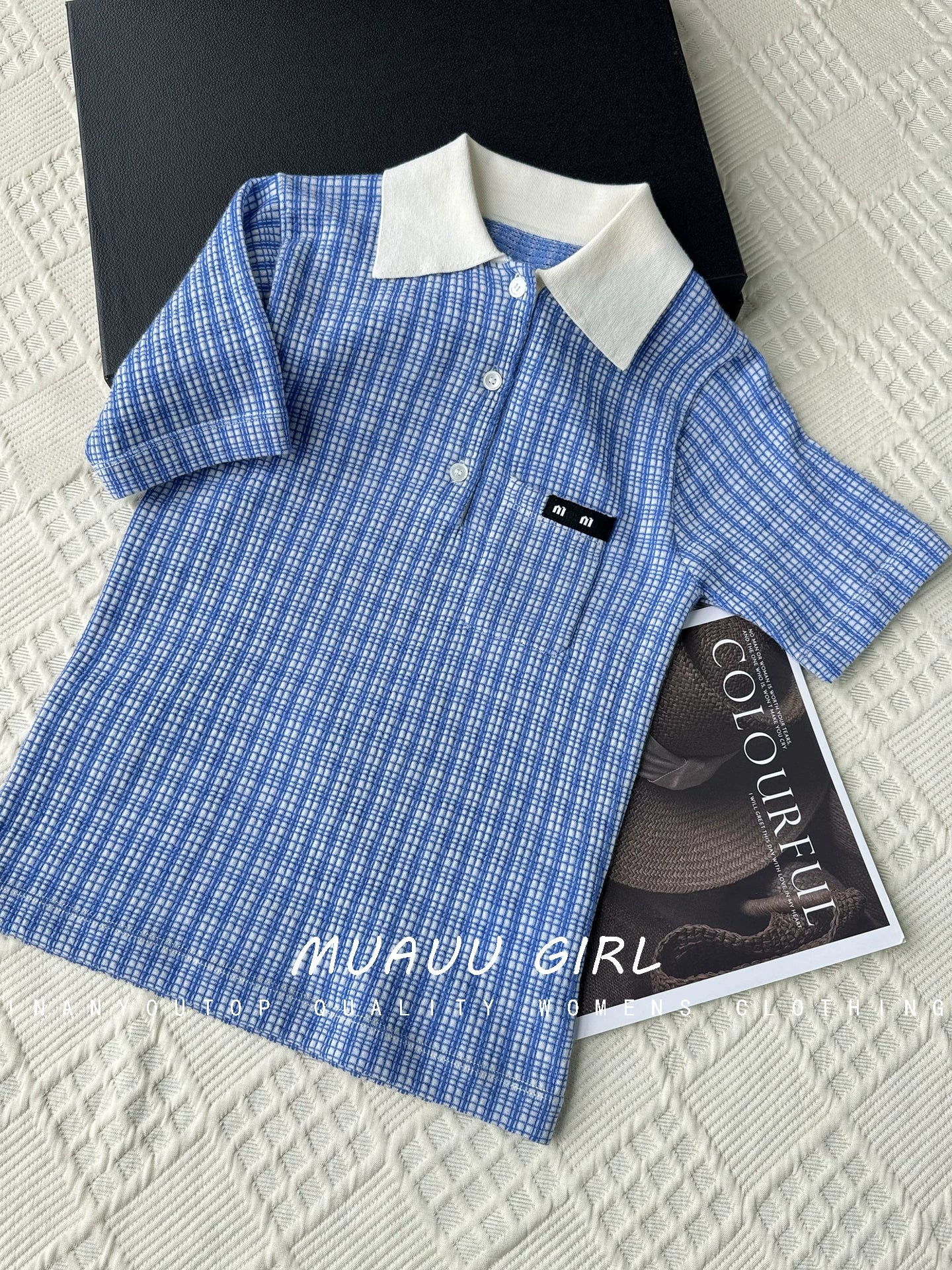 Spring/Summer 26ss June MUAUU GIRL Sweet Summer! 26SS College Style Letter Logo Polo Short Sleeve Knitwear T-Shirt Top